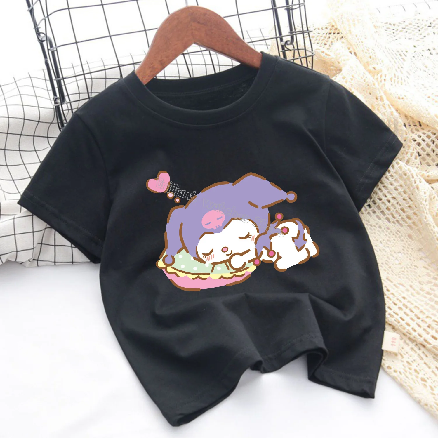 Kuromi T-shirt for Children Cute Sanrio Cartoon Clothes Fashion Fashion Anime Print Clothing Girls Top Kid Summer Black Tee Gift