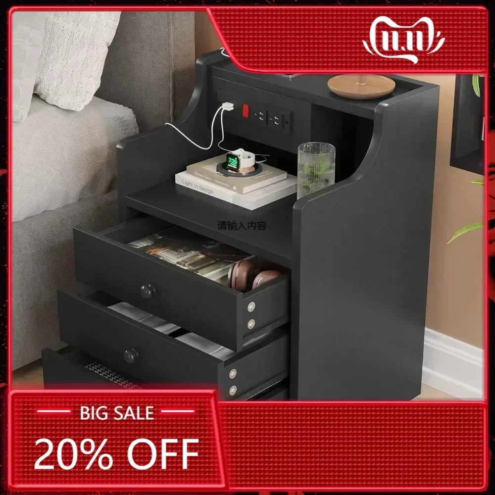 

Комплект из 2 прикроватных тумб, черные прикроватные тумбочки с зарядной станцией и полкой, прикроватные тумбочки для спальни, набор из 2 штук, прикроватные столики с ящиками