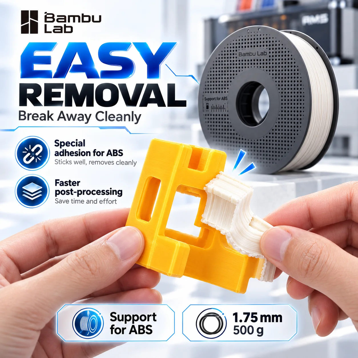 Bambu Lab Support for ABS Filament 1.75mm 500g Easy Removal Smooth Interface RFID Compatible with AMS