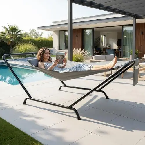 Freestanding Hammock with Stand, 600LBS Heavy Duty Outdoor Hammock, Safety Cofy Outdoor Hammock with Stand, 4 Point