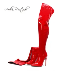 Arden Furtado 2024 Red Patent Leather Over The Knee Boots Pointed Toe Back zipper Super high heel Skinny boots Modern boots