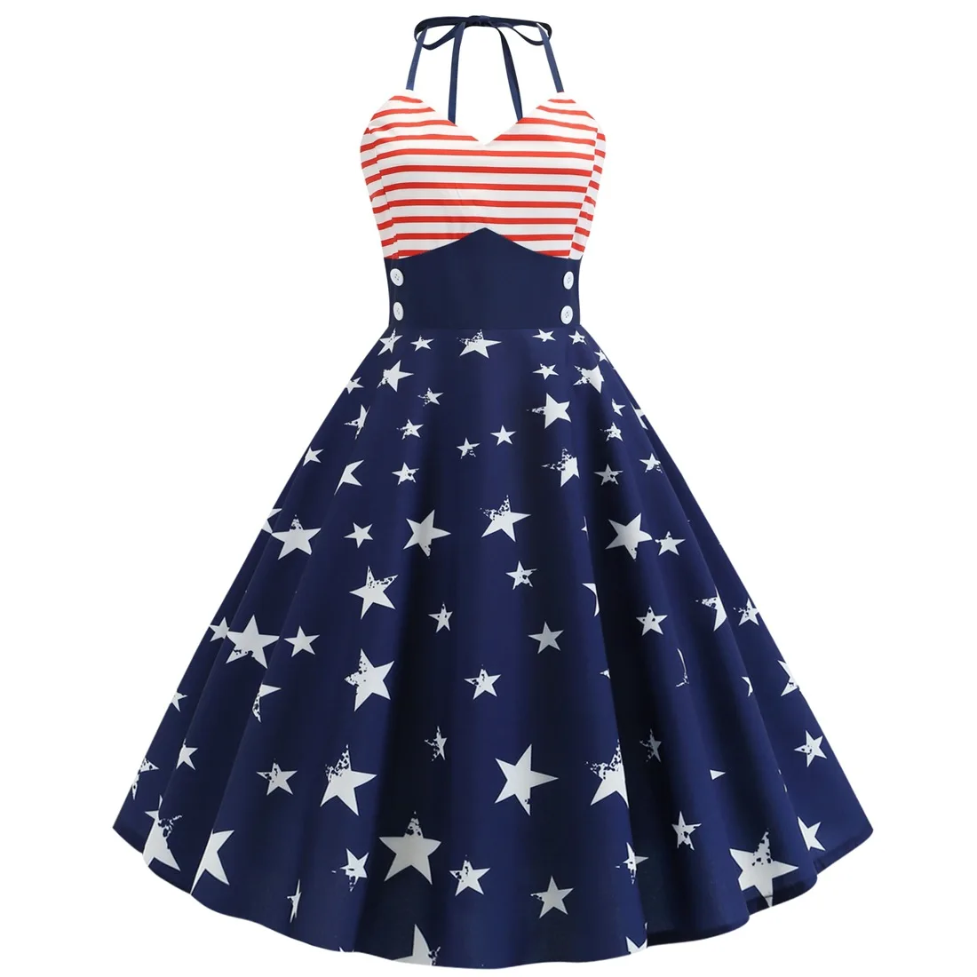 

Stripe Star Print Halter Neck Dresses Women Vintage Sexy V-neck Backless Dress Fashion Casual Lady Commuting Vestidos Summer New