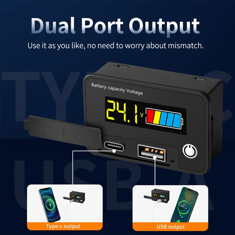 DC 8-30V LCD Digital Battery Voltmeter Capacity Indicator Lithium Acid Battery Voltage Tester Meter Tool Typec Output