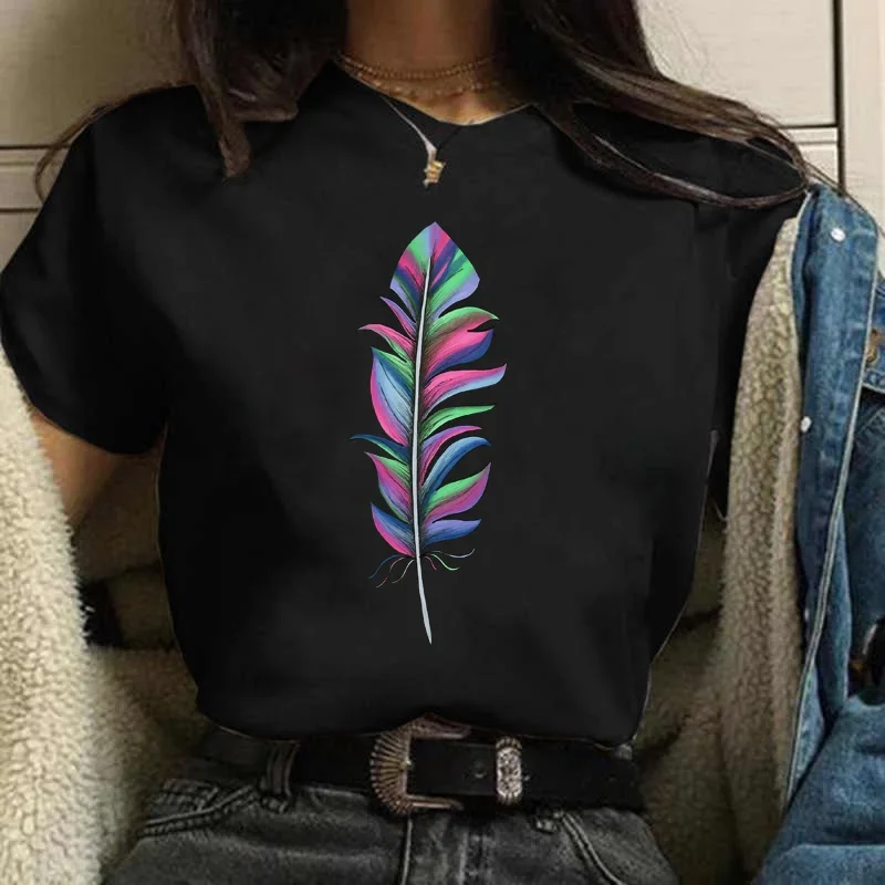 T-shirt femme aquarelle plume graphique imprimé T-shirt femmes à manches courtes T-shirt années 90 Streetwear femme vêtements hauts