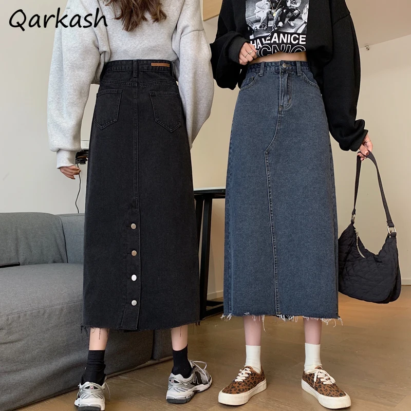 

Denim Skirts Women Button Mid-calf Design Korean Style Vintage Spring College Simple All-match Streetwear Trendy Femme Empire