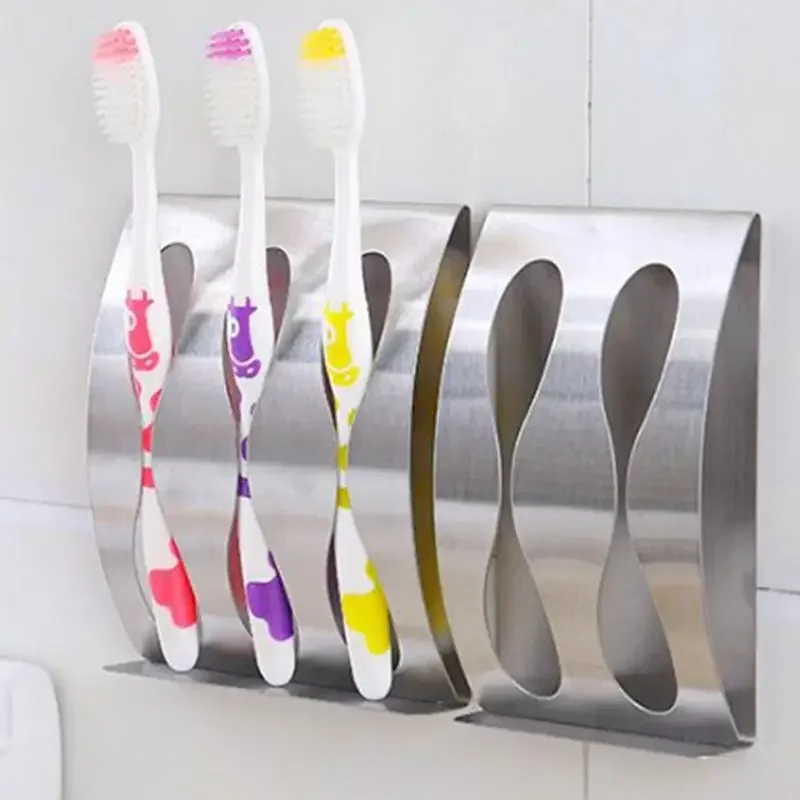 2024 1PC Wall Mount Toothbrush Holder 3/2 Hook Self-Adhesive Tooth Brush Organizer Box Stainless Steel Bathroom Accessories