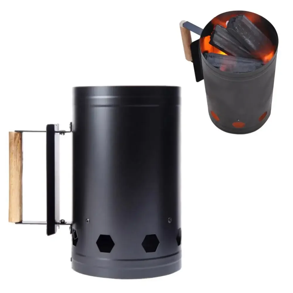 Charcoal Chimney Starter for Outdoor Cooking Barbecue BBQ Quick Rapid Fire Briquette Starters Can Black with Wooden Handle