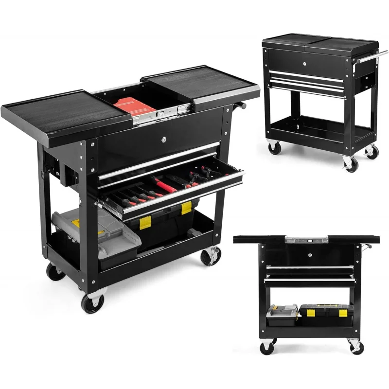 Tool Cart, 4-Tier Rolling Tool Box Cabinet on Wheels with Lockable Drawers & Sliding Top, Heavy Duty Steel Tool Storage