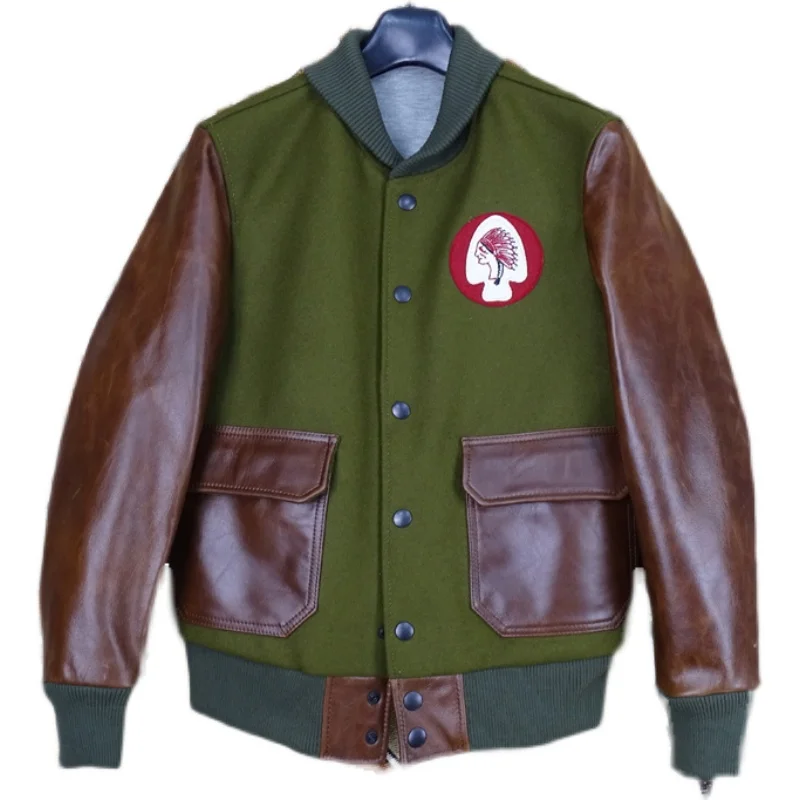 

A1 baseball jersey with cotton and thickened warm wool nylon with first layer of oil wax cowhide leather leather jacket for men