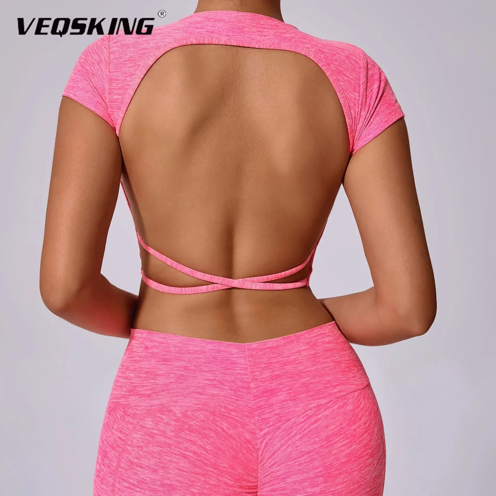

VEQSKING Backless Yoga Shirts for Women, Quick Drying Sport Crop Top, Short Sleeves Gym Fitness Vest, Padded Workout Running Top