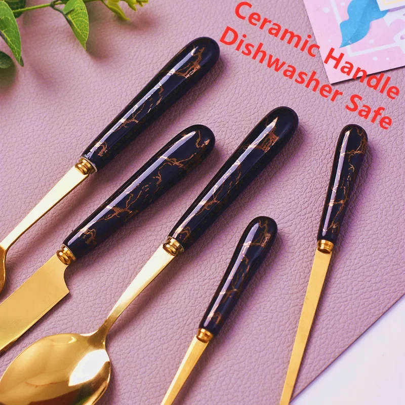 24pcs  Ceramic Fork Spoon Knife Set Stainless Steel Cutlery Holder  Tableware Set  Gold Dinnerware Dinner Set Dishwasher Safe