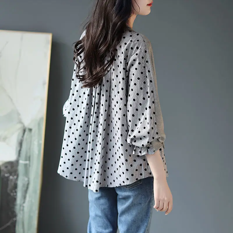 Fashion Printed Button Spliced Polka Dot Asymmetrical Blouse Women\'s Clothing 2022 Autumn Casual Pullovers Fake Two Pieces Shirt