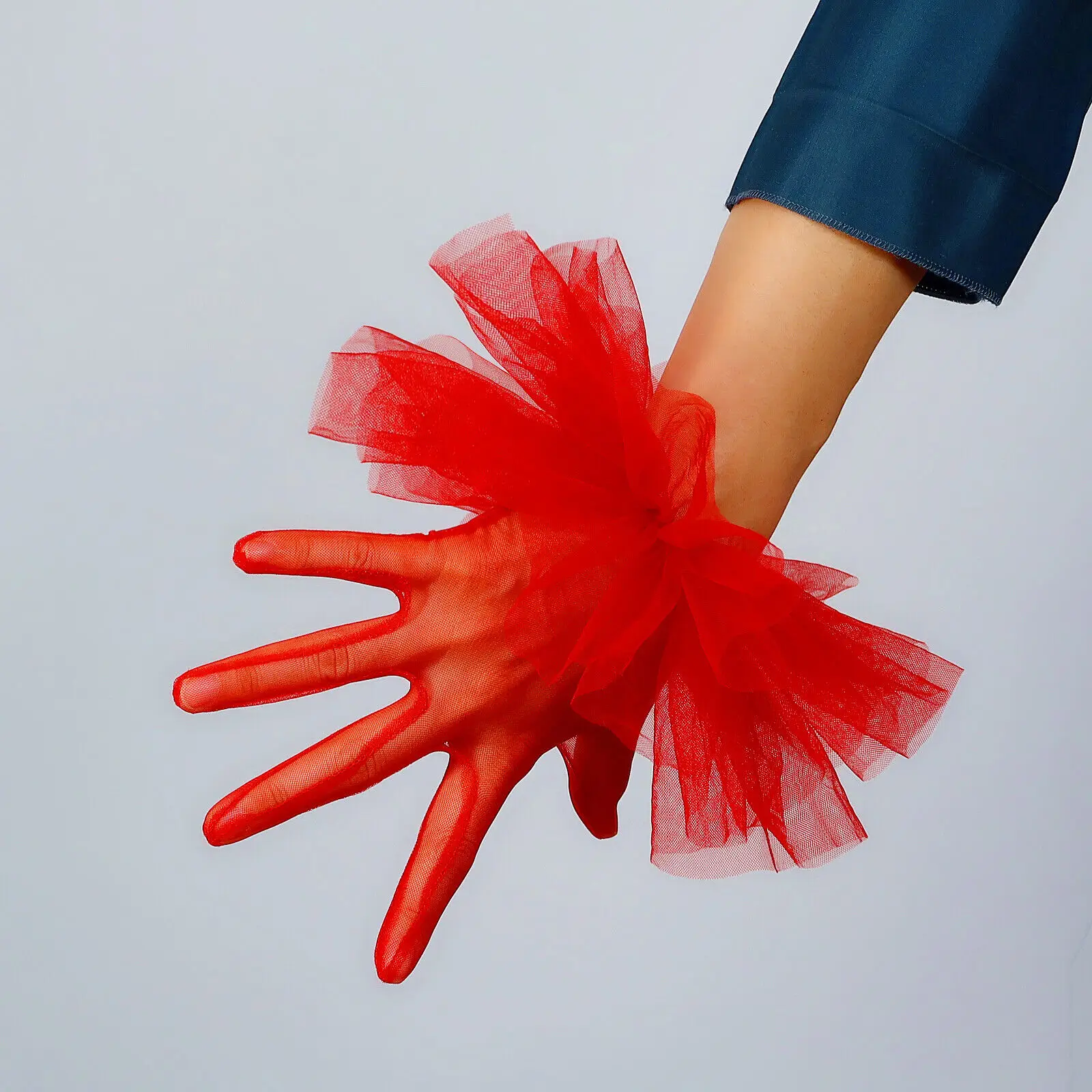 

Women's Red Tulle Lace Gloves Cheerleader Short Sheer Mesh Ruffle Elastic Puff Cuffs Dancing Party Evening Wedding Bridal Glove