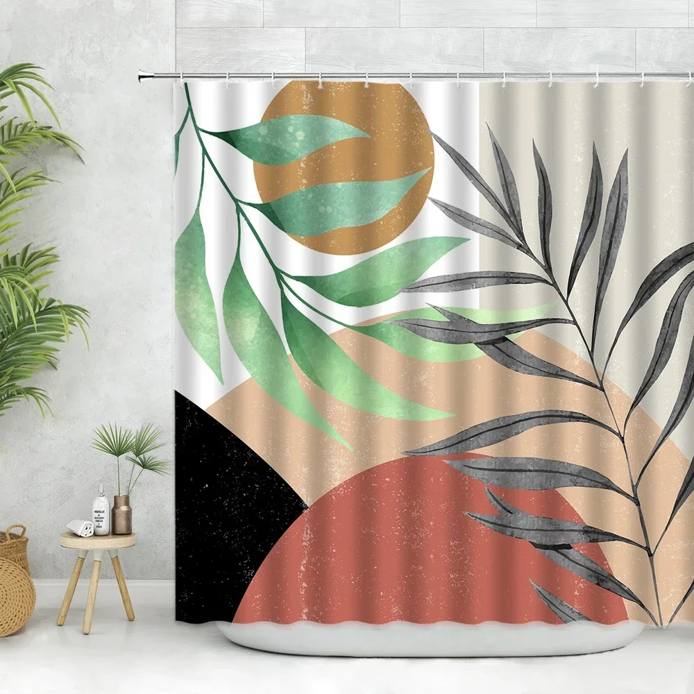 Abstract Shower Curtain for Bathroom Mid Century Boho Bathroom Curtains Tropical Leaf Bathtub Minimalist Home Decor Cloth Hooks