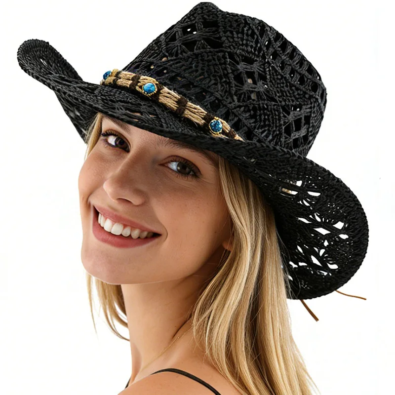 

New Boho Hollow Out Straw Sun Hat Western Cowgirl Beach Hat Breathable Wide Brim Cap For Mother's Day Easter Vacation Headwears