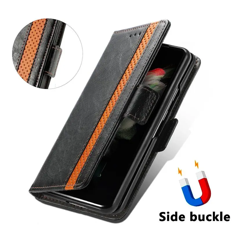 Solid Color Leather Card Wallet Phone Case For Samsung Galaxy Z Fold 4 3 Shockproof Anti-Drop Magnetic Holder Flip Cover