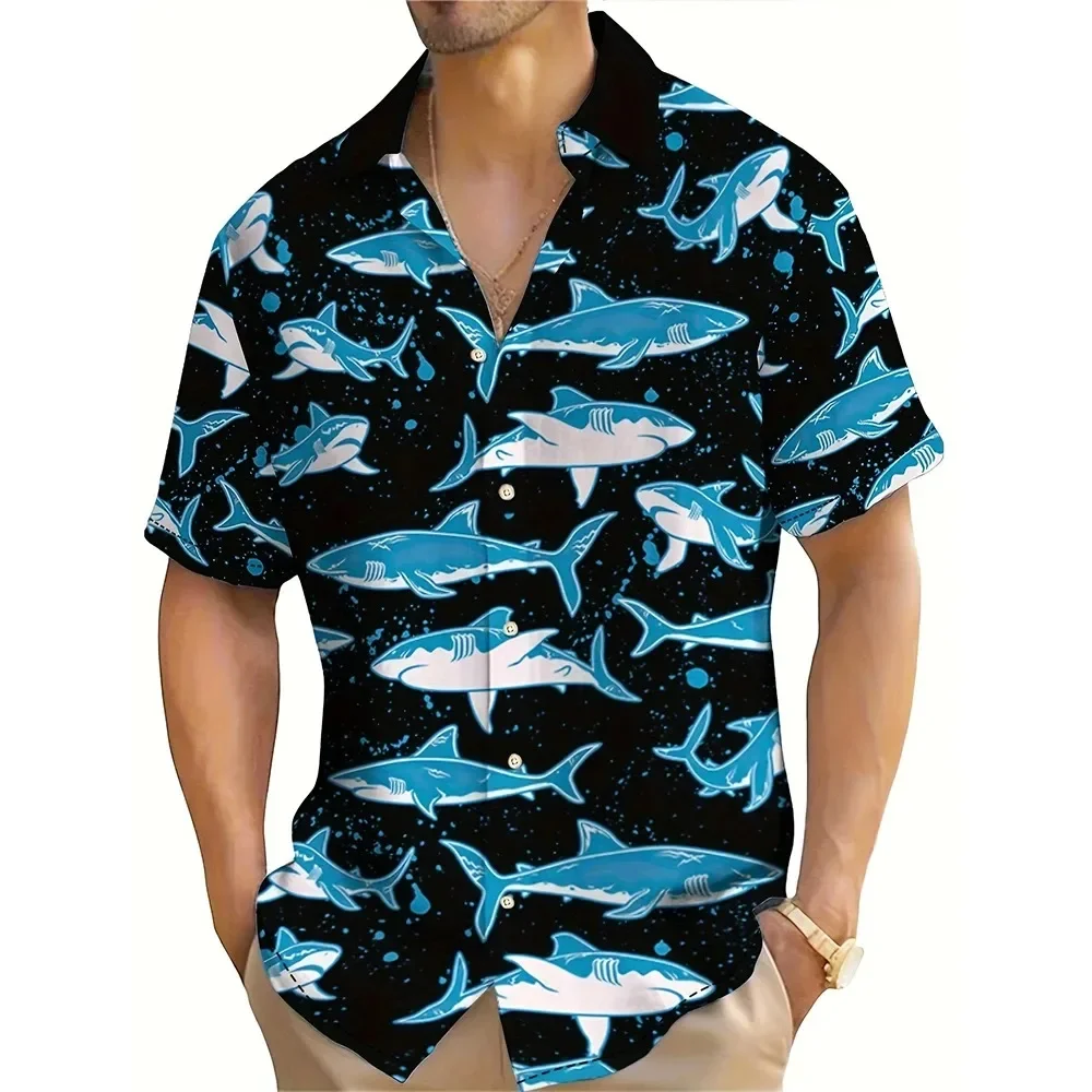 Summer Cartoon Shark Men's Clothing Printed Men's Short Sleeved Shirt Hawaii Beach Party Outfit Oversized Men's Shirt Style