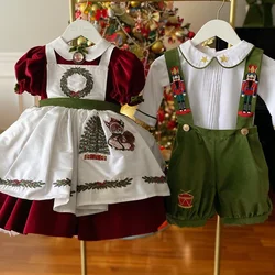 Baby Girl Burgundy Green Christmas Tree Embroidery Turkish Vintage Princess Dress Nutcracker Boy Suit for Christmas Photography