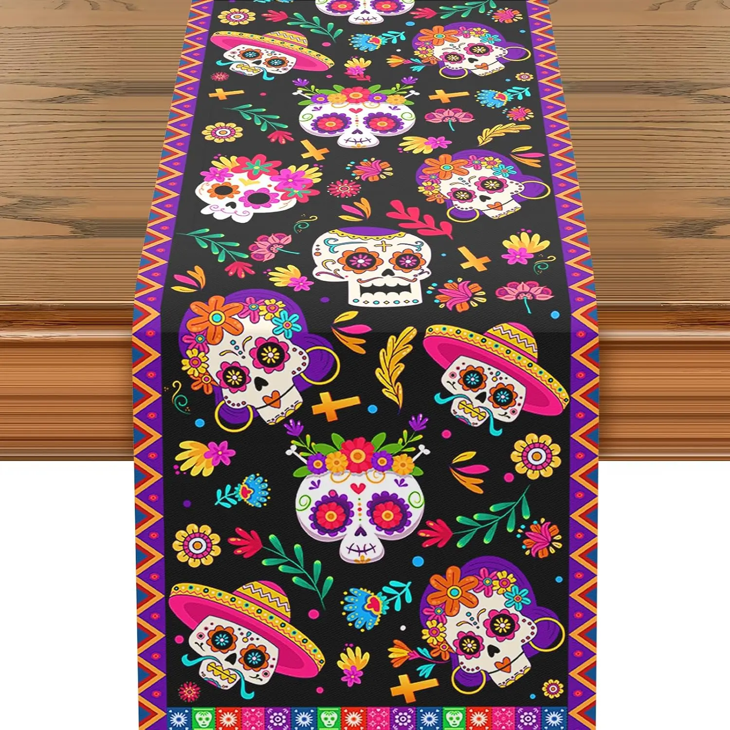 Mexican Day of The Dead Sugar Skull Table Runner Tabletop Decor Reusable Dia De Los Muertos Kitchen Dining Table Runner Decor