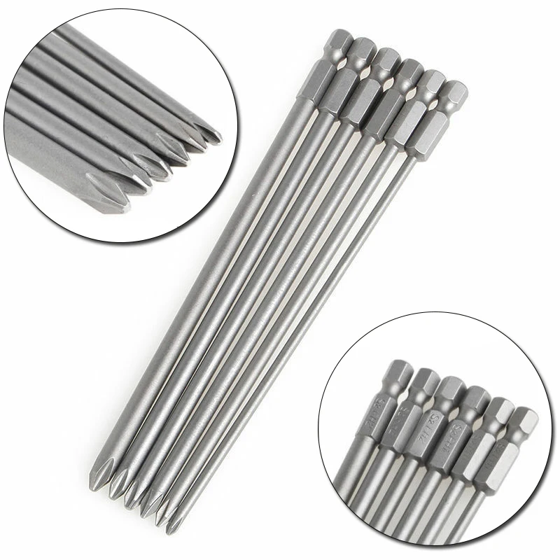 

150mm Long Cross Screwdriver Bits 6Pcs Carpentry Household Magnetic Parts Power Silver Tool Workshop 1/4'' Shank