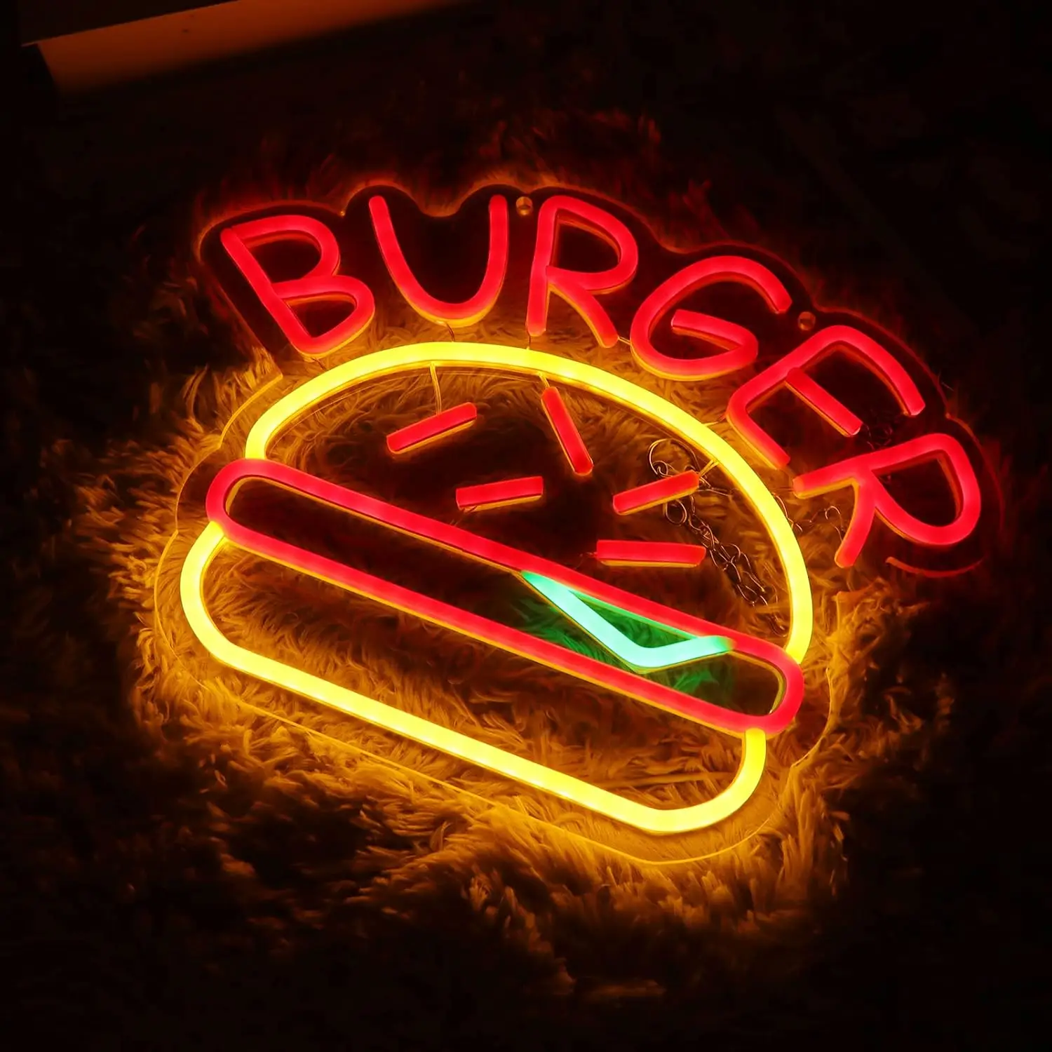 

BURGER Neon Signs Wall Decor LED Light Hamburger Chips Business Restaurant Convenience Store Shop Supermarket Office Bar Pub