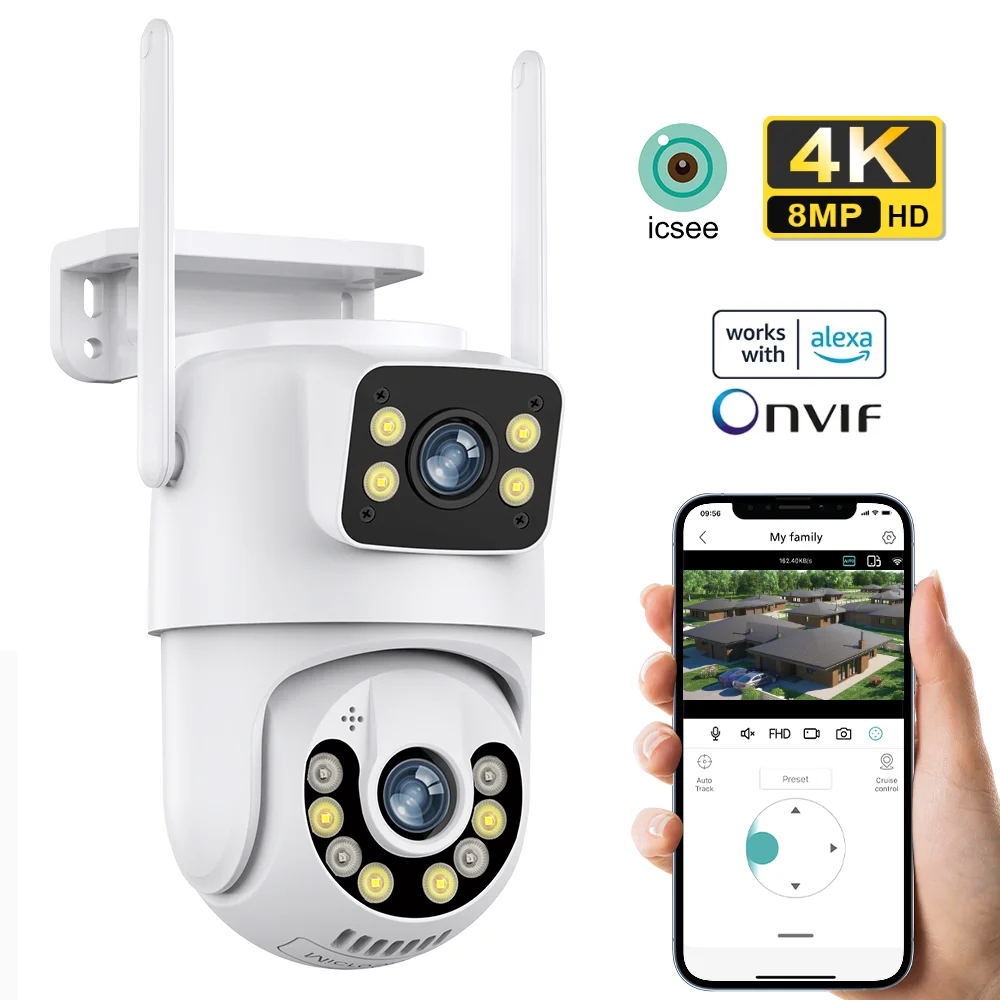 

PTZ Wifi Camera Dual Lens 8MP 4K iCSee App Wireless Outdoor Surveillance Camera Ai Human Detect Security IP Camera Auto Tracking