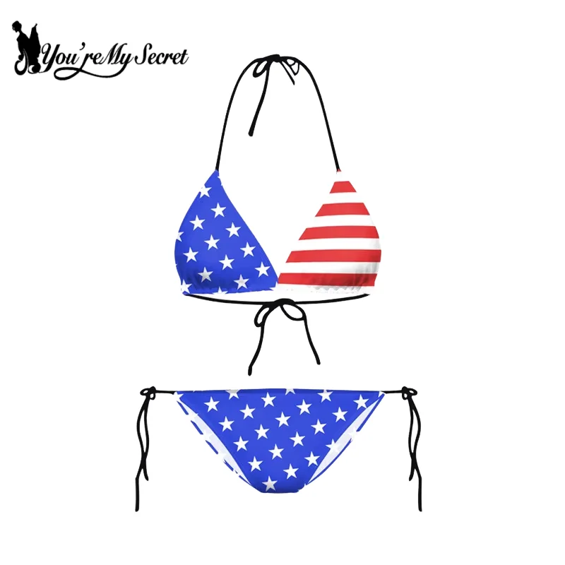 [You're My Secret] Women USA Flag Print Two Piece Bikini Set Halter Triangle Tie Side Swimsuit Summer Beach Pool Party Swimwear