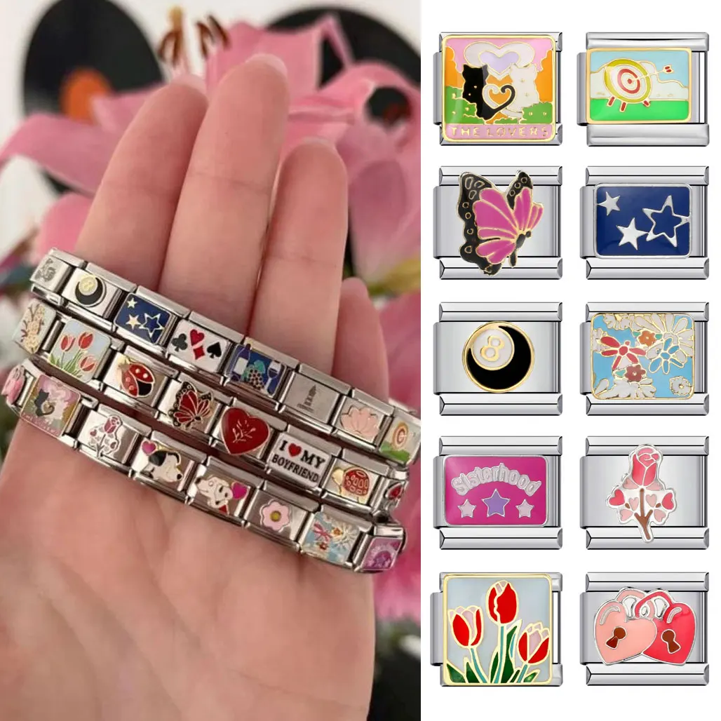 Tulip Rose Cat Butterfly Bead Personalized Custom Italy Charms Bracelet Fit 9mm Stainless Steel Bracelet DIY Bead Jewelry Gift
