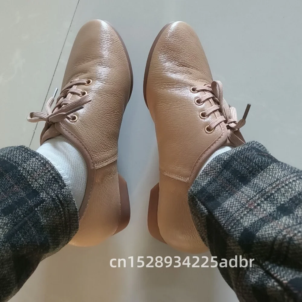 New Leather Lace Up Oxford Sandals Jazz Dance Shoes Women Ballet Jazzy Dancing Tie Up Split Sole Textile Excercise Gym