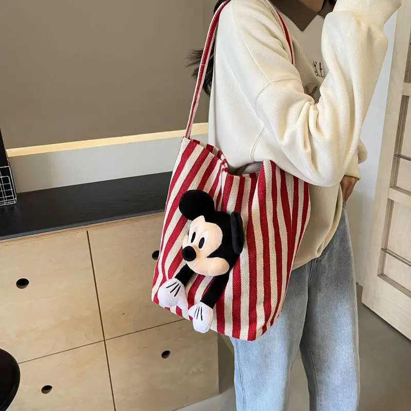 Disney Mickey creative three-dimensional cute doll striped one-shoulder canvas bag striped magnetic buckle commuter tote bag