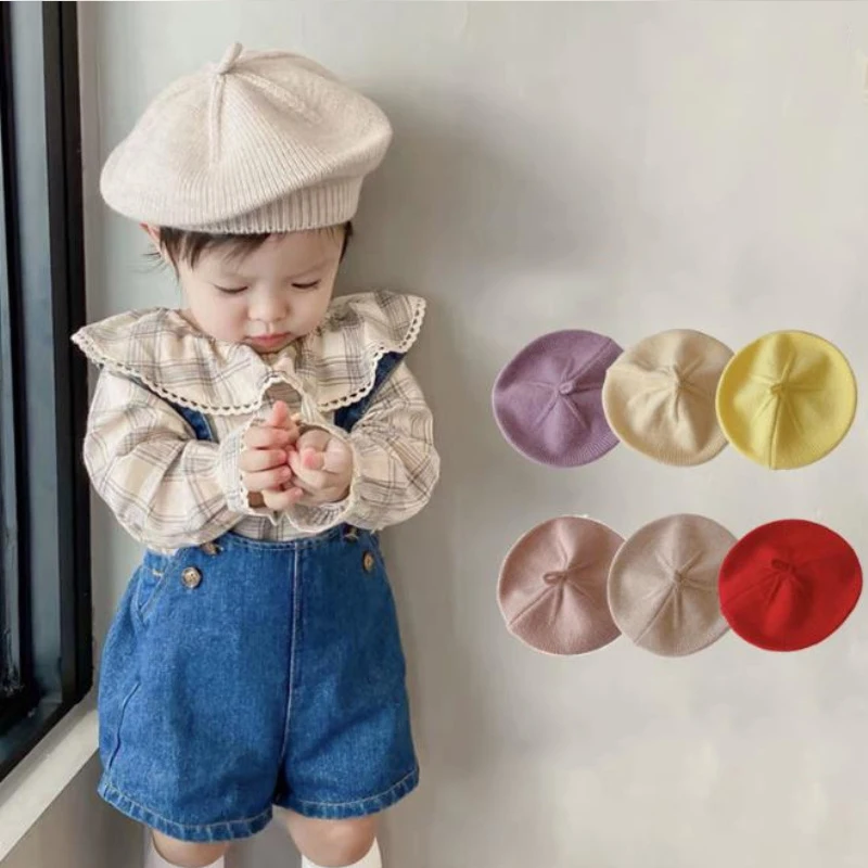 Candy Color Baby Berets Hat Children Winter Warm Knitted Beanies Korean Girl Artist Painter Cap 1-4year Toddler Sweater Bonnet