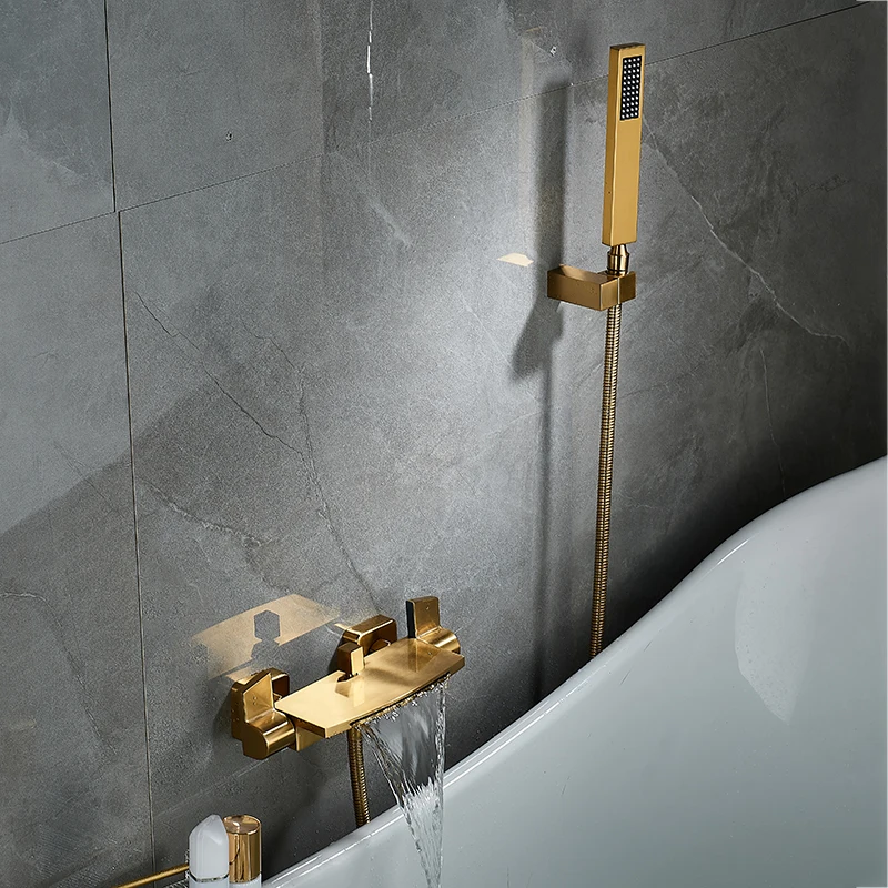 Brushed Gold Bath And Shower Faucet Set Wall Mounted Bathtub Faucet Gun Grey Brass Bathroom Waterfall Shower Mixer Bathroom Taps