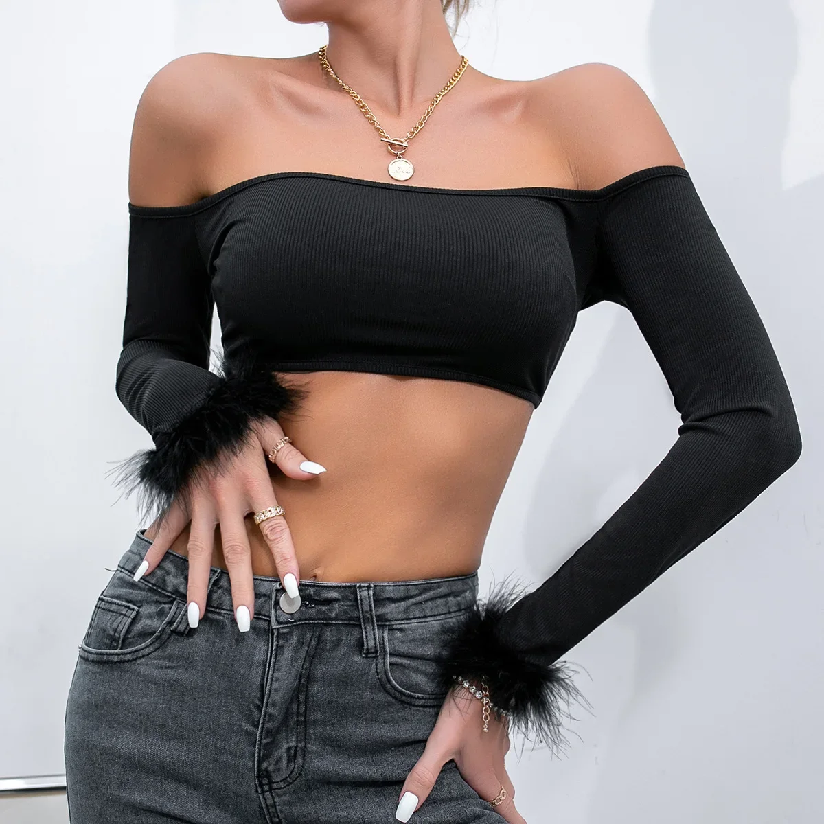 

Street Spicy Girl Low cut y2k accessories Open Navel Sleeve Spliced Feather Solid Color Long sleeved Top for Women CYDZ10237