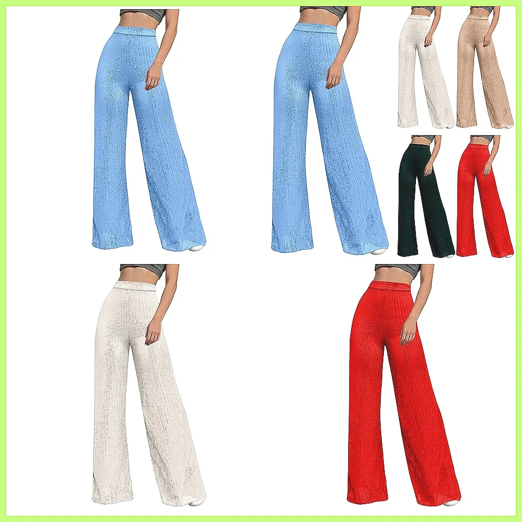 

Women's Sparkling Sequined High Waisted Wide Leg Pants, Fashion Casual Flared Trousers for Daily Wear