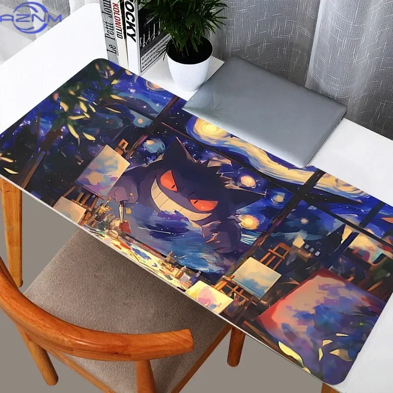 Gengar Starry Night Van Gogh Style Anime Mouse Pad, Rubber Non-Slip Desk Mat, Artistic Blue Ghost Pokemon Gaming Mouse Pad for D