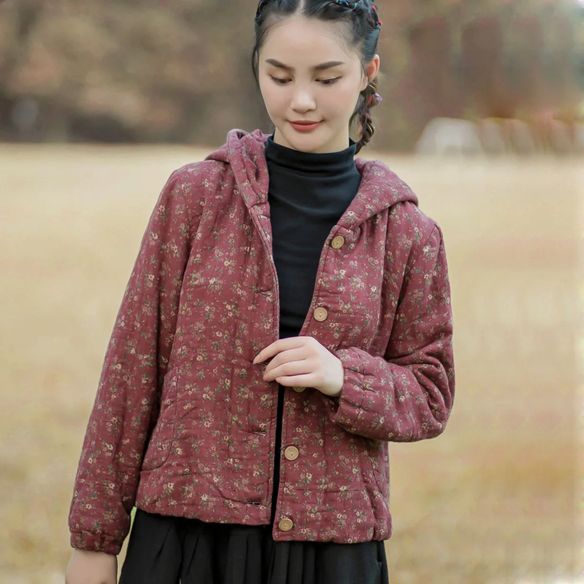 

Зимняя женская короткая куртка из шерпа на флисовой подкладке в этническом стиле с капюшоном, винтажная хлопковая повседневная теплая свободная верхняя одежда на пуговицах с цветочным принтом