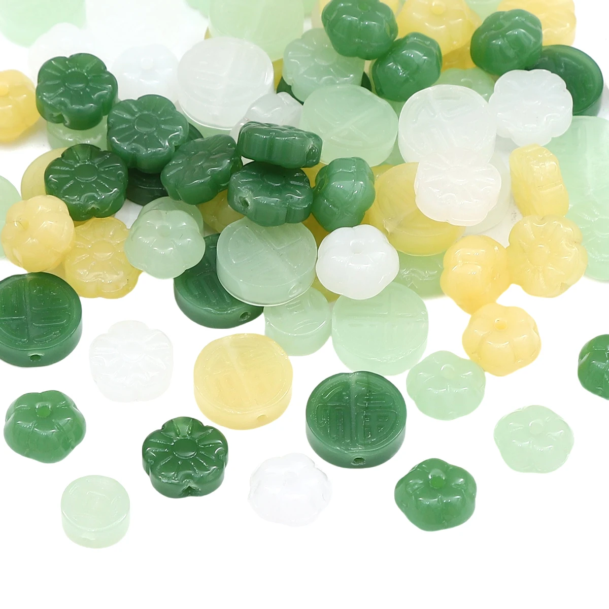 10pcs Glass Imitation Jade Beads Flat Pumpkin Copper Coin Fu Brand Plum Blossom Beads DIY Necklace Bracelet Clothing Accessories