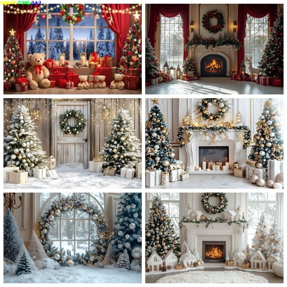 2024 Winter Weihnachten Fotografie Hintergrund Weihnachtsbaum Kamin Fenster Geschenke Baby Kinder Familie Porträt Photo Hintergrund Dekor