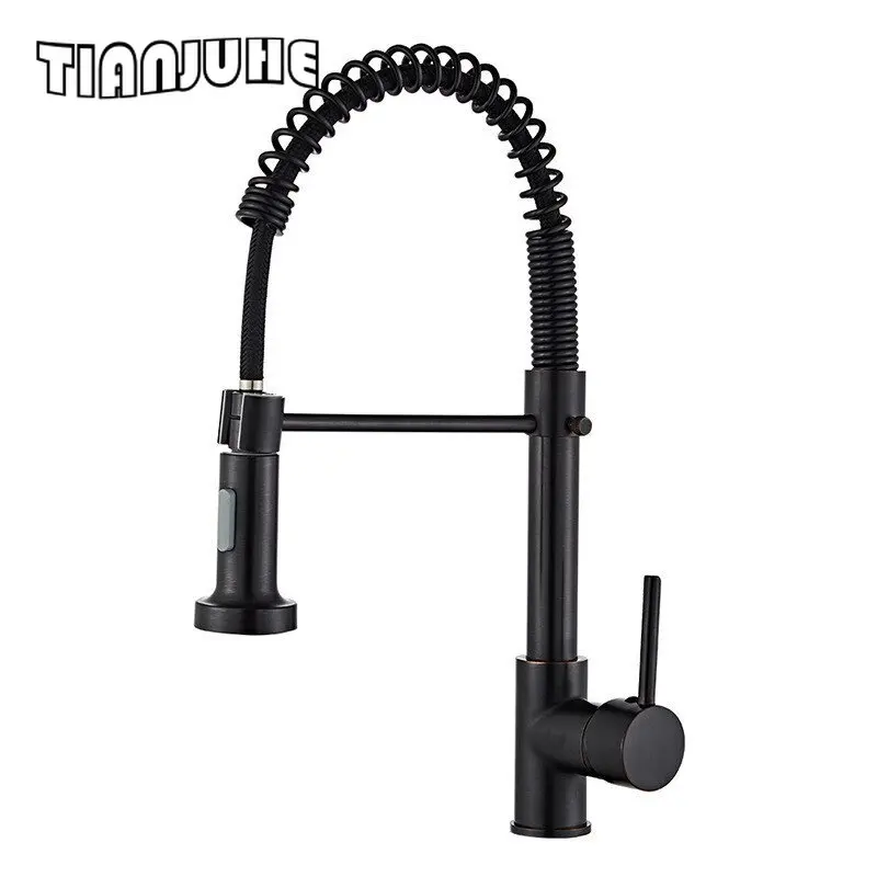 Kitchen Faucets Commercial Solid Brass Single Handle Single Lever Pull Down Sprayer Spring Kitchen Sink Faucet Matte Black