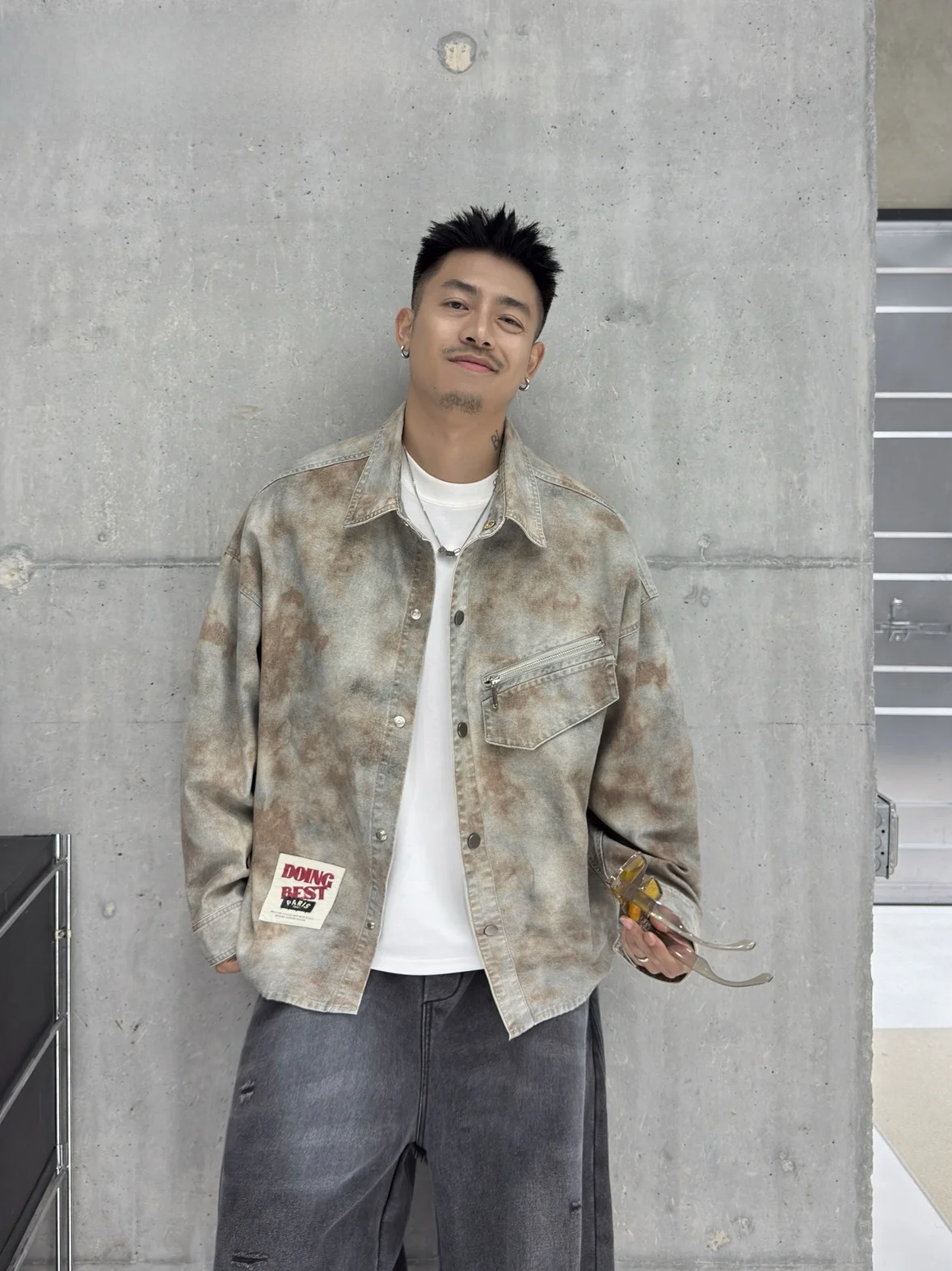 

New Men's irt Spring Autumn Casual Loose Sli Top Dyeing Design Youth Casual Turn-down Collar Cotton Blend irt