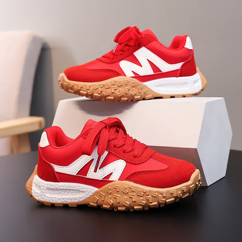 Kids'Casual Shoes 2025 Sneakers PU Spring Shoes for Children Anti-slip Breathable Thick Bottom Red Yellow Shoes Size 26-37