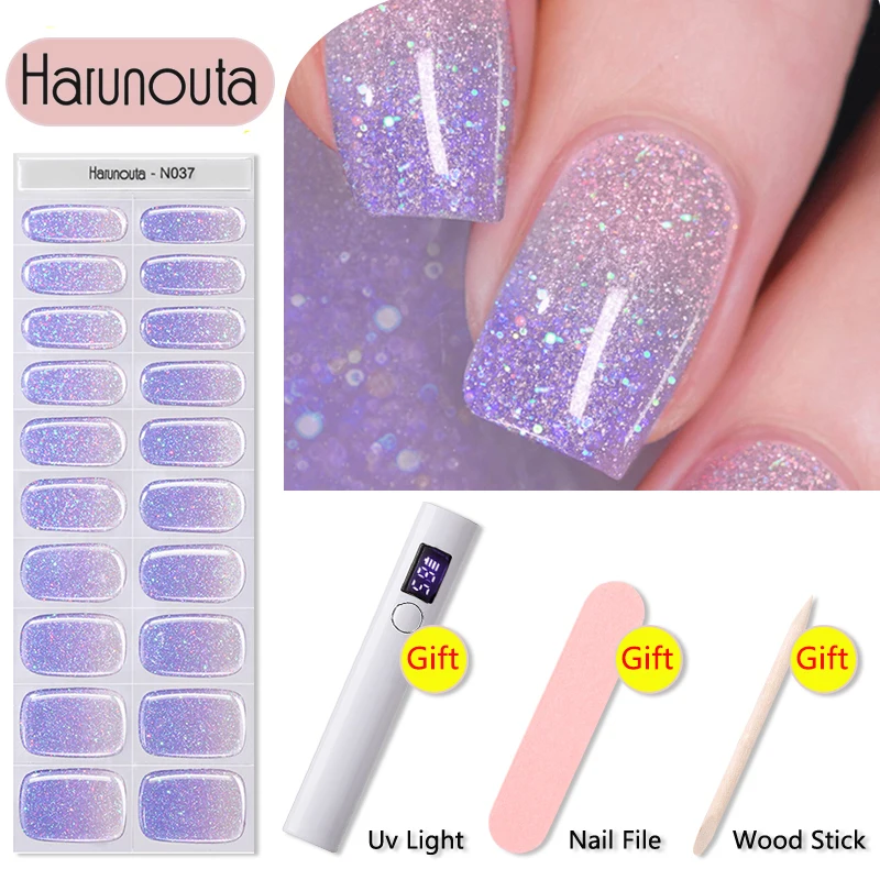 Harunouta 4Pcs/Set Semi Cured Gel Nail Strips with Nail Dryer Nail File Wooden Stick Milky Opal Sparkly Shinning LED Cured Wraps