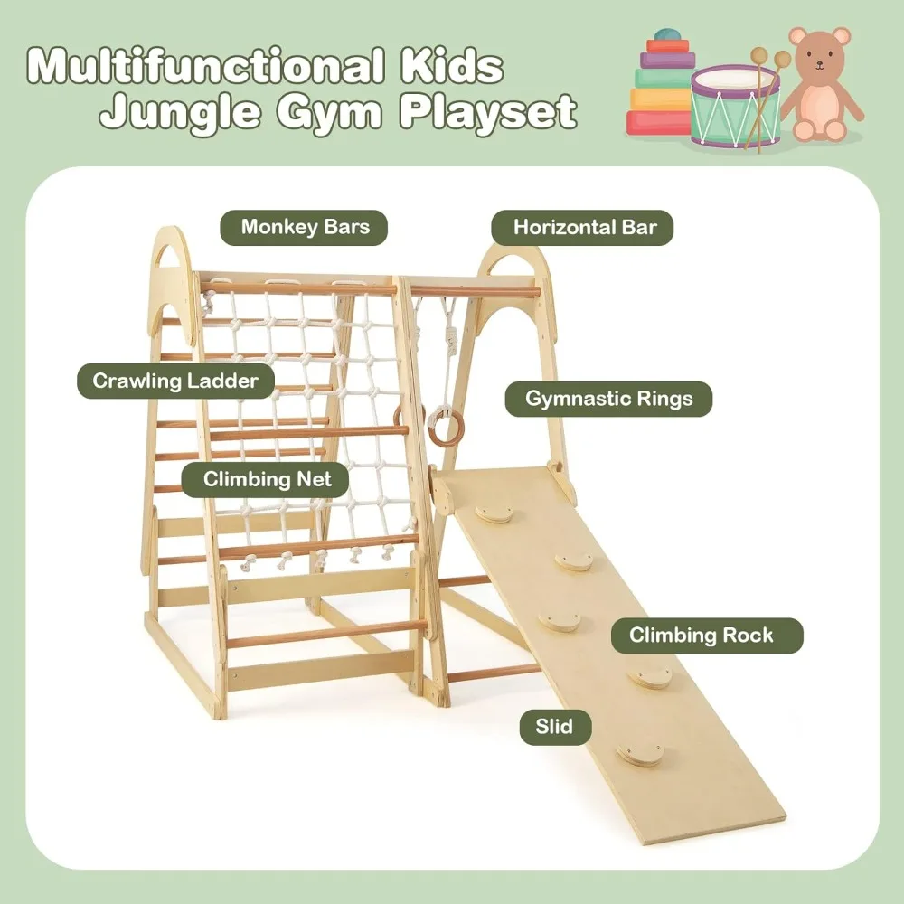 مجموعة لعب مونتيسوري الخشبية 7 في 1 للأطفال: متسلق داخلي مع ميزات الخيمة والانزلاق والتسلق