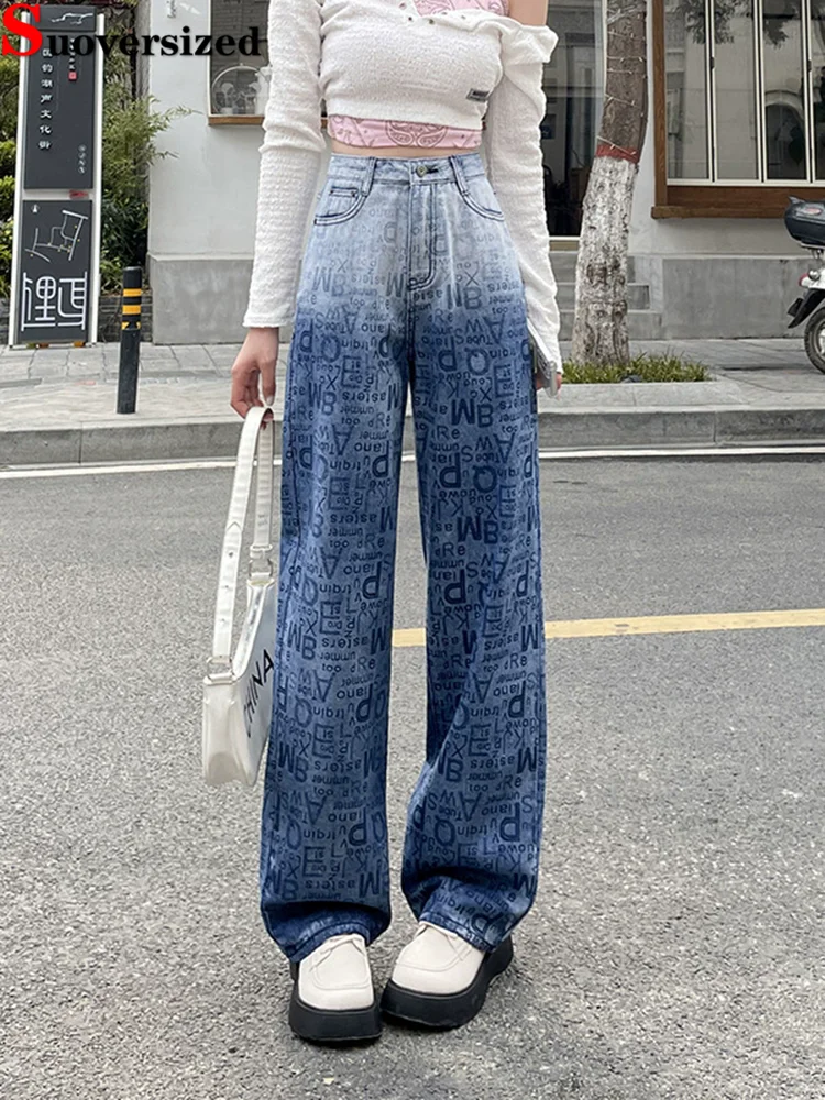

Широкие джинсы с градиентом букв и высокой талией, мешковатые прямые модные джинсовые брюки, женские повседневные винтажные уличные брюки Vaqueros