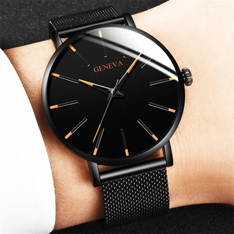 GENEVA Watch Men Sports Watches Black Mesh Band Quartz Wristwatches Men Ultra Thin Watches Relogio Masculino Reloj De Hombre