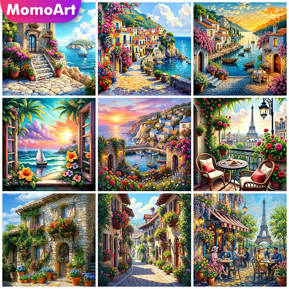Momoart DIY Diamant-Stickerei Haus-Landschaft Strass-Gemälde Küstenlandschaft Acryl-Bastelbedarf Mosaik-Blumen Handgemachtes Hobby