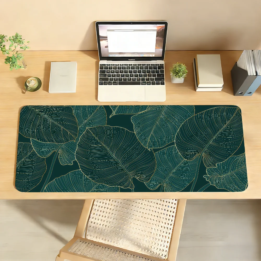 Tropical leaf design Deep green with golden lines Mouse Pad For Office Gaming And Keyboards Non-Slip Large Waterproof