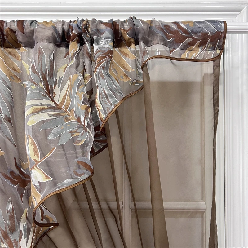 Grey Leaves Crossed Sheer Curtain Top Rod Pocket Suspension Kitchen Tulle Short Curtain Door Window Living Room Partition Drapes