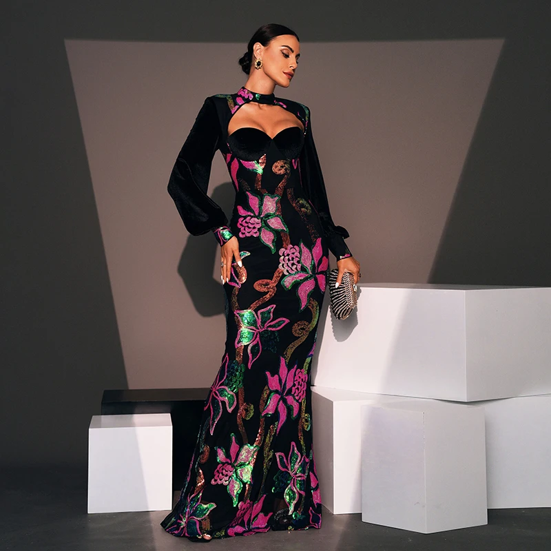 فستان نسائي أنيق بأكمام فانوس فستان طويل ، زهرة مقطوعة ، مطرز ، الكوكتيل للسيدات ، حفلة موسيقية ، حفلة مسائية ، طويلة ، جديدة ،