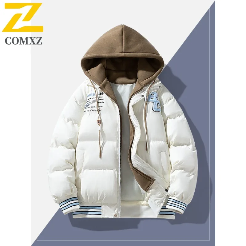 

COMXZ 2025 Mens Womens Winter Fake Two Piece Fleece Puffer Jacket American style waterproof windproof lightweight windbreaker